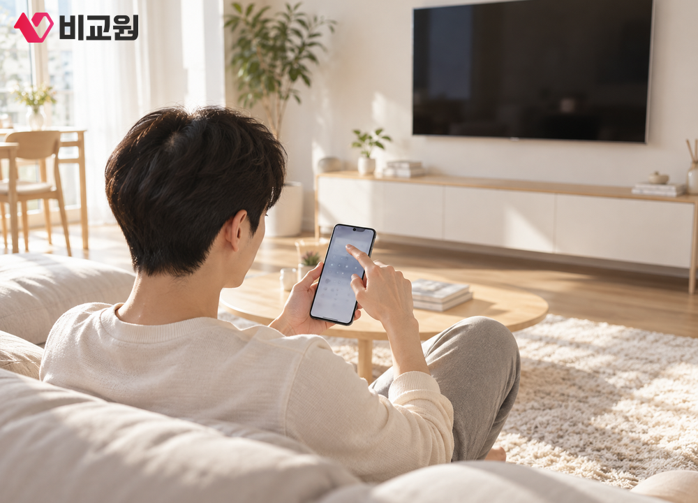 꺼진 TV 앞 소파에 앉아 휴대폰으로 연결할 기기를 고르는 20대 남성의 뒷모습