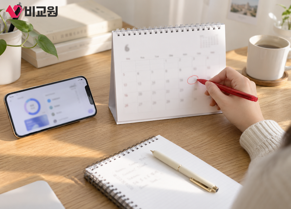 달력을 보며 남은 멤버십 포인트를 언제까지 써야 하는지 확인하는 모습