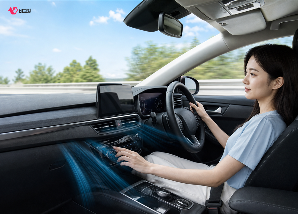 여름 주행 중 AUTO 공조를 사용하며 안전하게 운전하는 모습