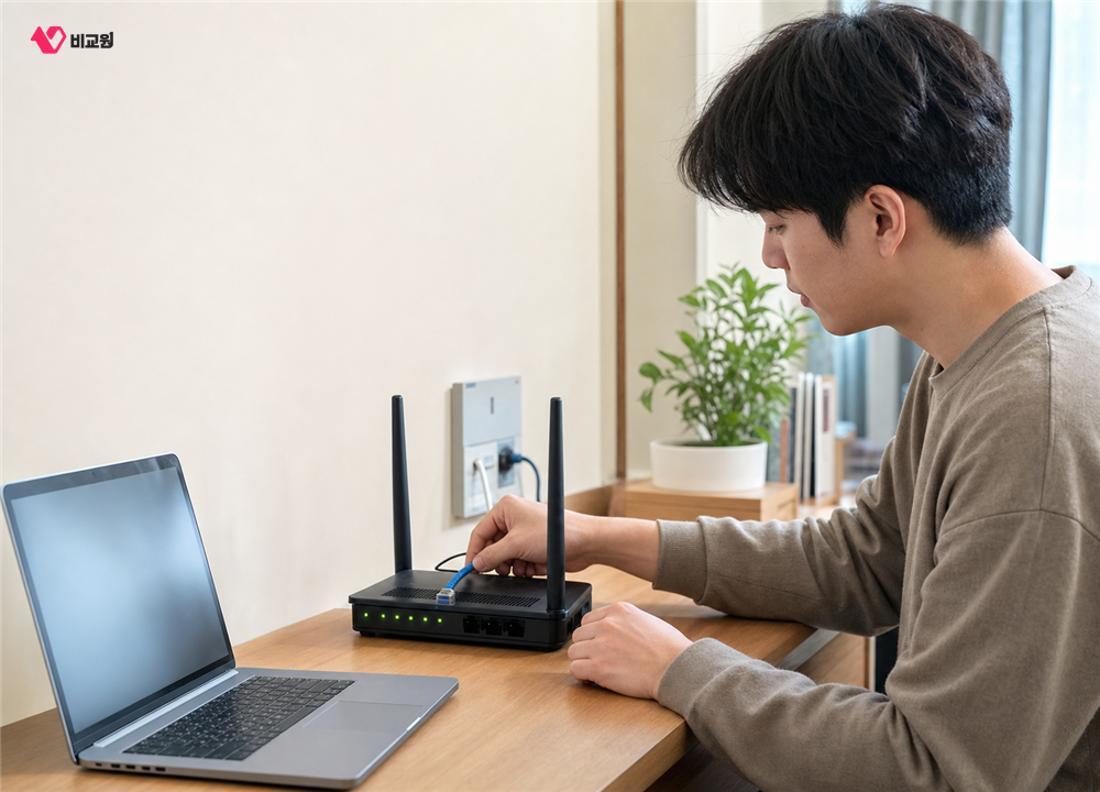 DNS 변경 전에 공유기와 랜선 연결 상태를 확인하는 모습