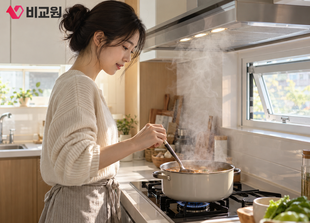 국을 끓이며 주방 후드를 켜 둔 20대 여성의 모습