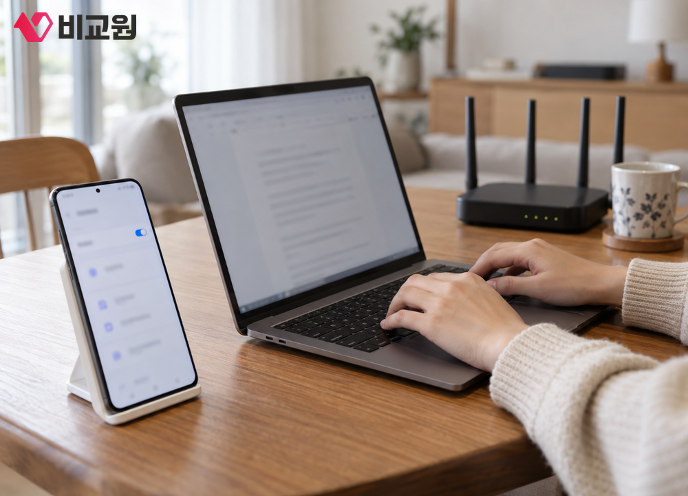 휴대폰 핫스팟을 켜 노트북을 연결해 쓰는 모습