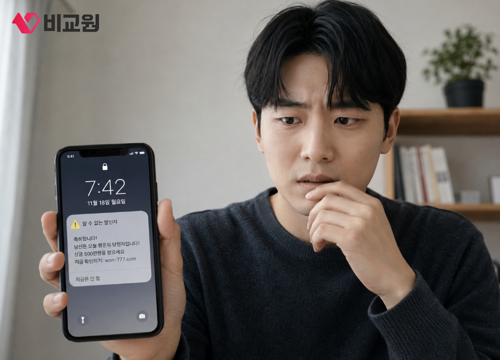알 수 없는 알림이 떠 심각한 표정의 사용자