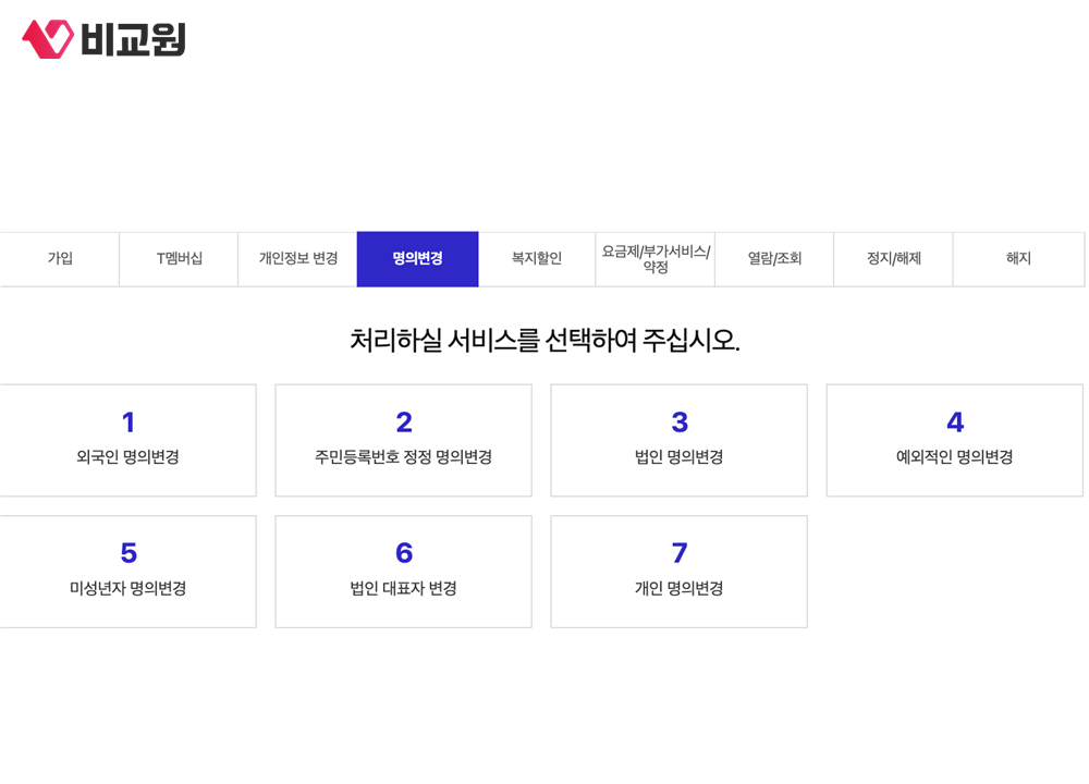 SK텔레콤이 일곱 가지로 나눈 명의변경 유형 목록