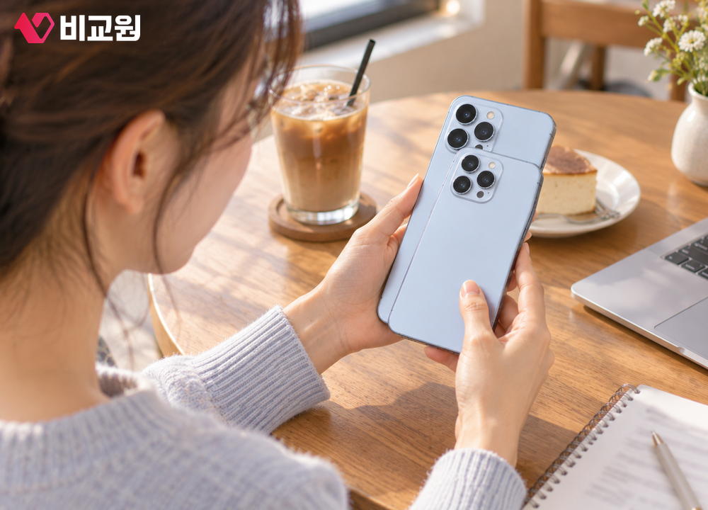 크기가 다른 두 대의 스마트폰을 손에 들고 비교해 보는 모습