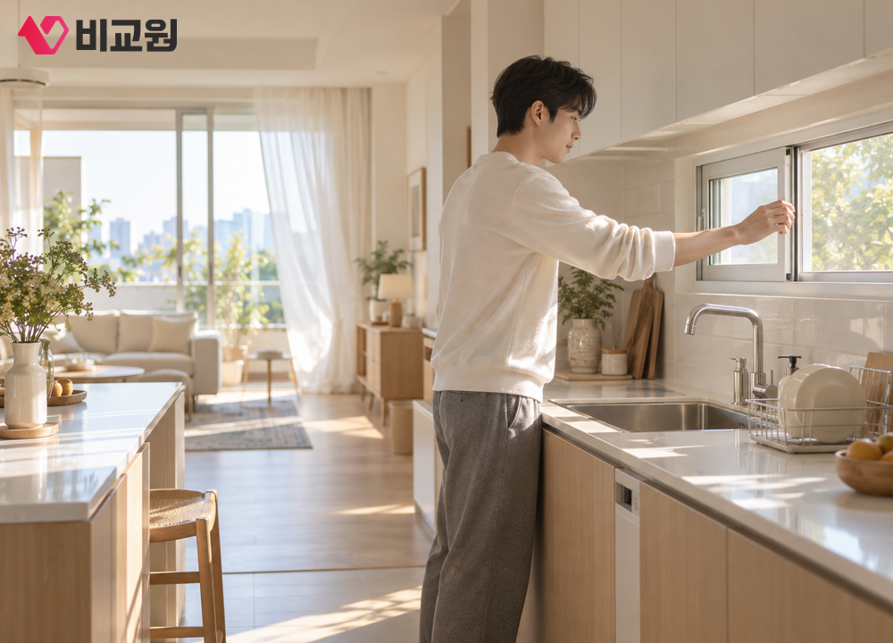 아침에 주방 창문을 열어 환기하는 20대 남성의 모습