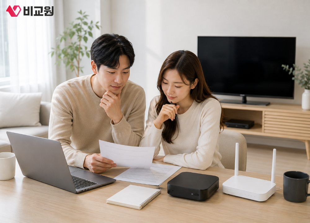 인터넷가입 전 요금과 혜택을 함께 비교하며 상담하는 모습