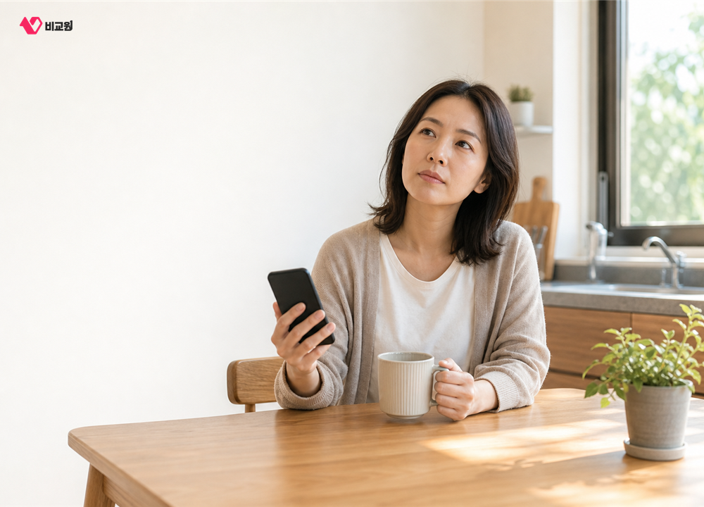 아침 식탁에서 스마트폰을 들고 요금제를 고민하는 모습