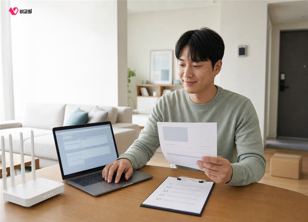 새 인터넷 연결과 첫 청구서, 최종 체크리스트를 확인하는 모습