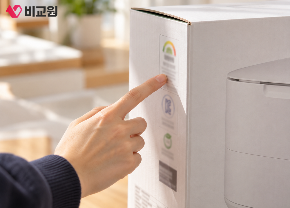 음식물처리기 상자 옆면의 인증 표시를 손가락으로 짚어 확인하는 모습