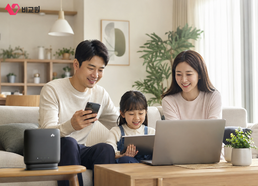 SK 인터넷, 휴대폰을 사용하고 있는 3인가족 모습