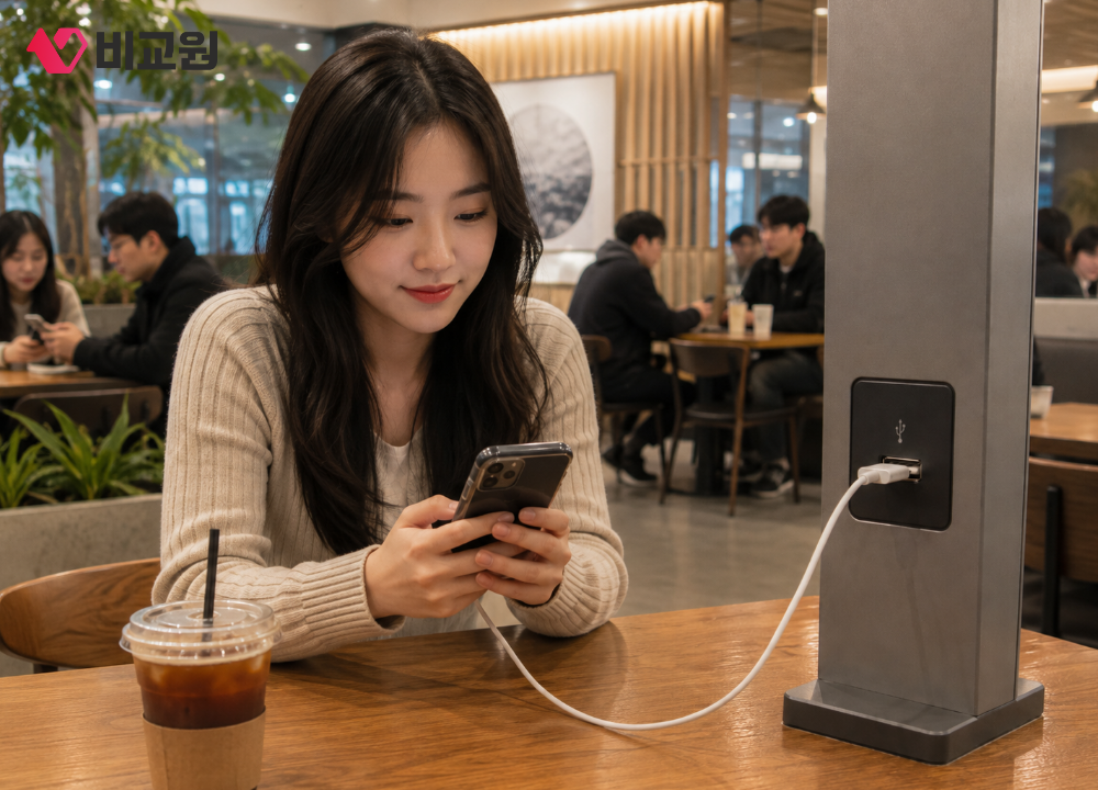 카페에서 공용 충전기 사용하는 모습