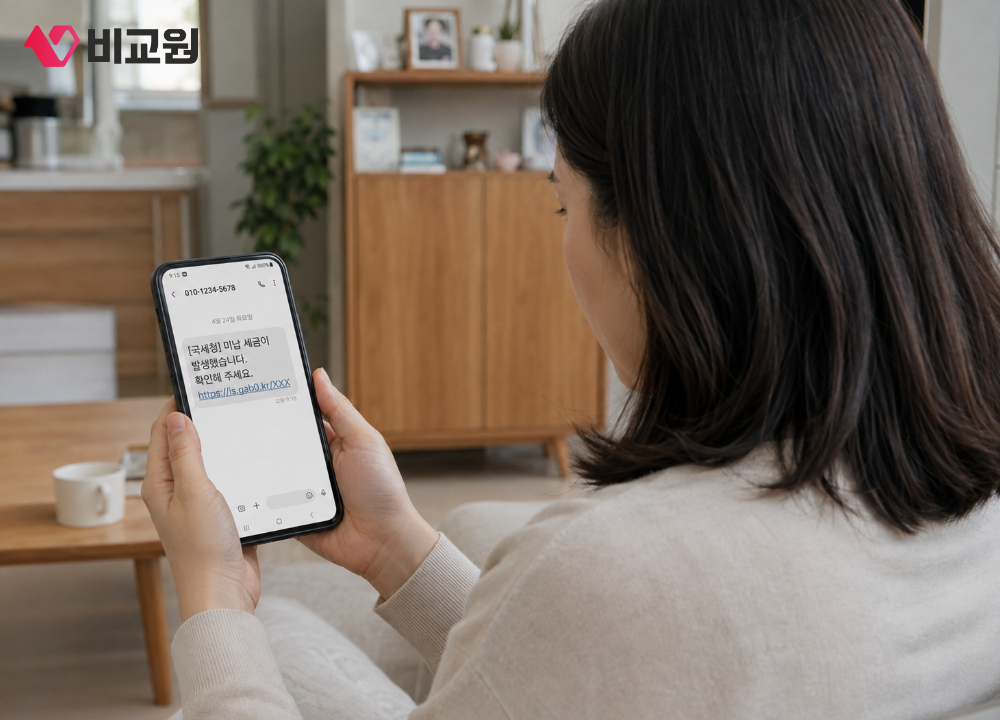 국세청을 사칭한 의심 문자 속 링크를 확인하며 클릭을 고민하는 사용자 이미지