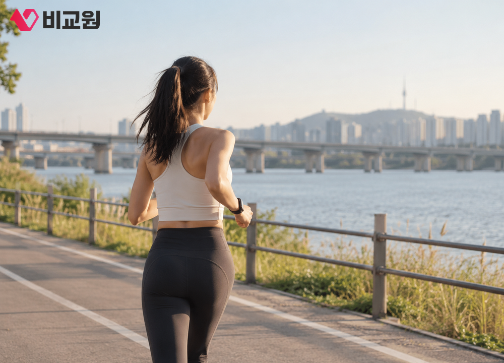 휴대폰 없이 갤럭시워치만 차고 한강변을 달리는 모습