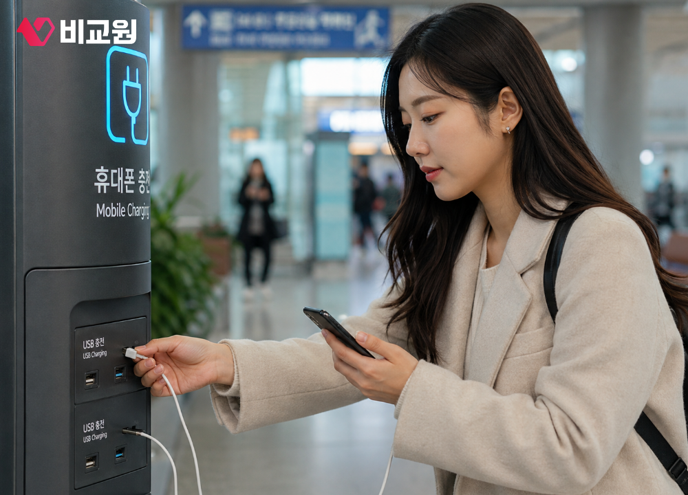공항 공용 USB 충전기 사용하는 모습