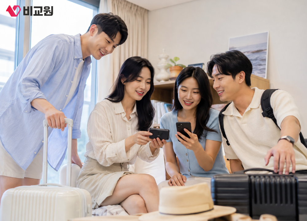친구 커플 여행에서 포켓와이파이를 이용하는 모습