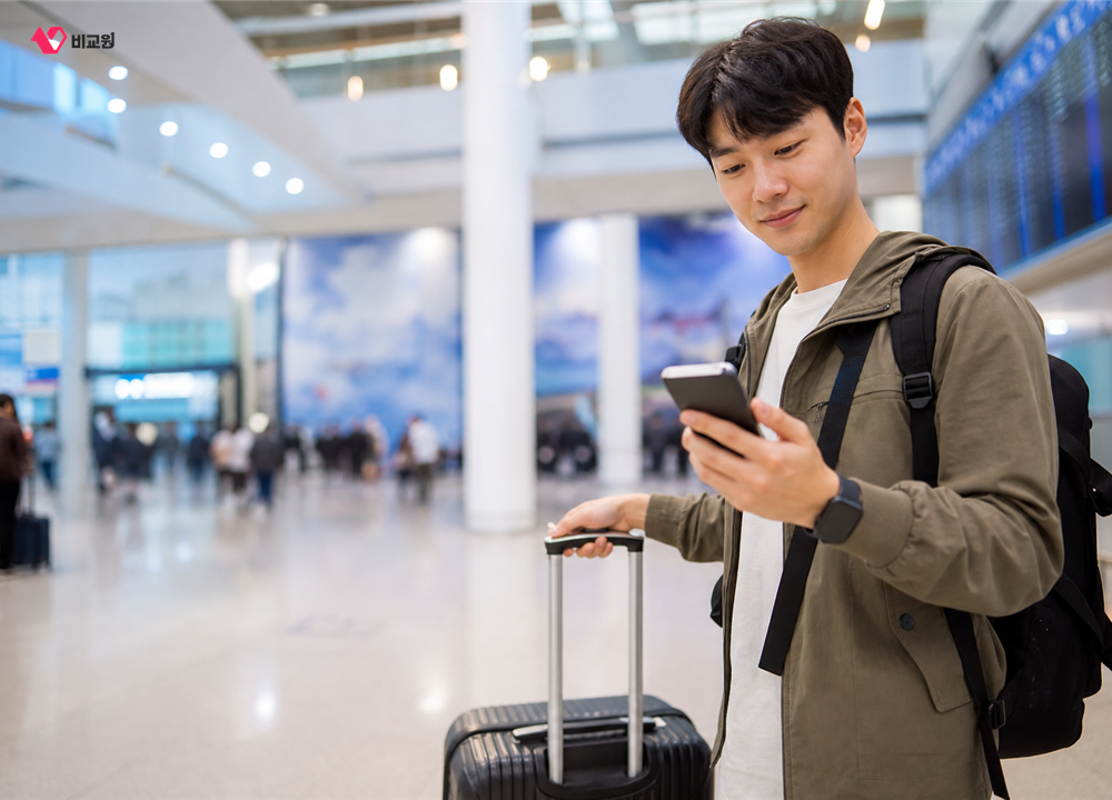 해외 공항 도착 후 통신사 로밍으로 스마트폰을 사용하는 여행자