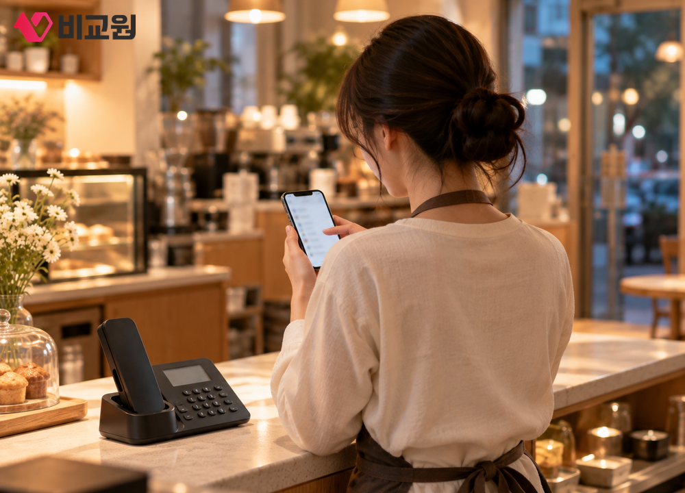매장 마감 후 불을 끄기 전 카운터에서 휴대폰으로 착신 상태를 확인하는 20대 여성의 뒷모습