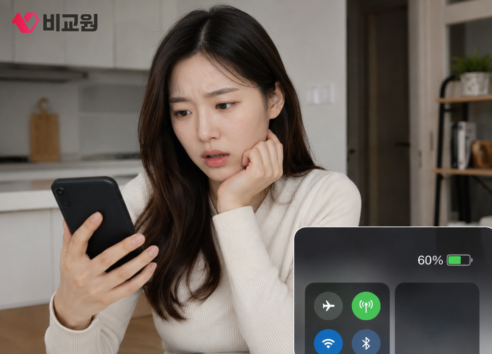 공용 충전기 사용 후 배터리가 빨리 닳아 고민하는 모습