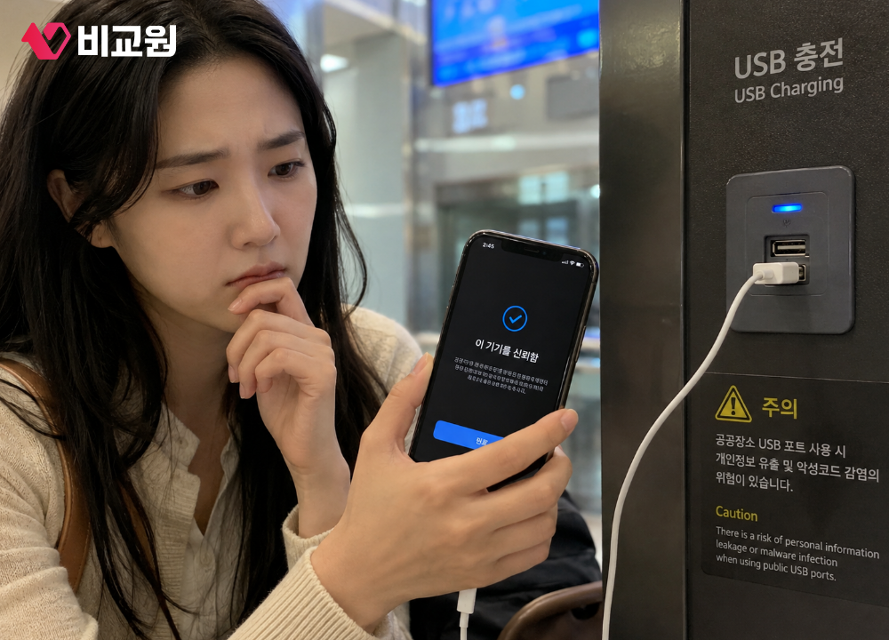 공용 충전기 이용 중 '이 기기를 신뢰함'을 누르고 걱정하는 사용자 이미지