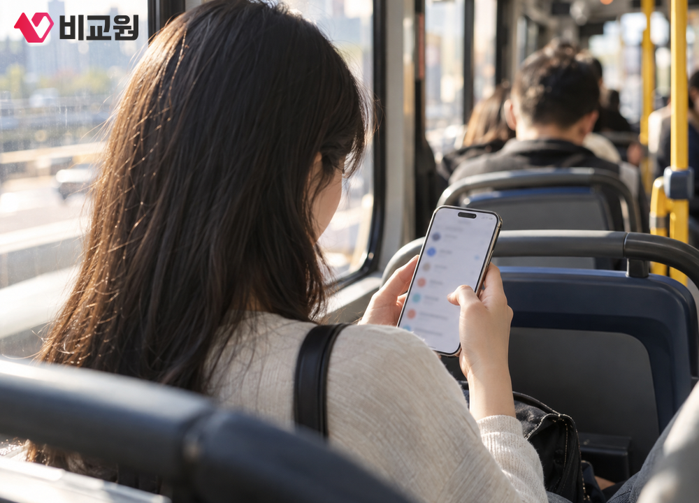 출근길 버스 안에서 휴대폰으로 교통비 환급 내역을 확인하는 모습