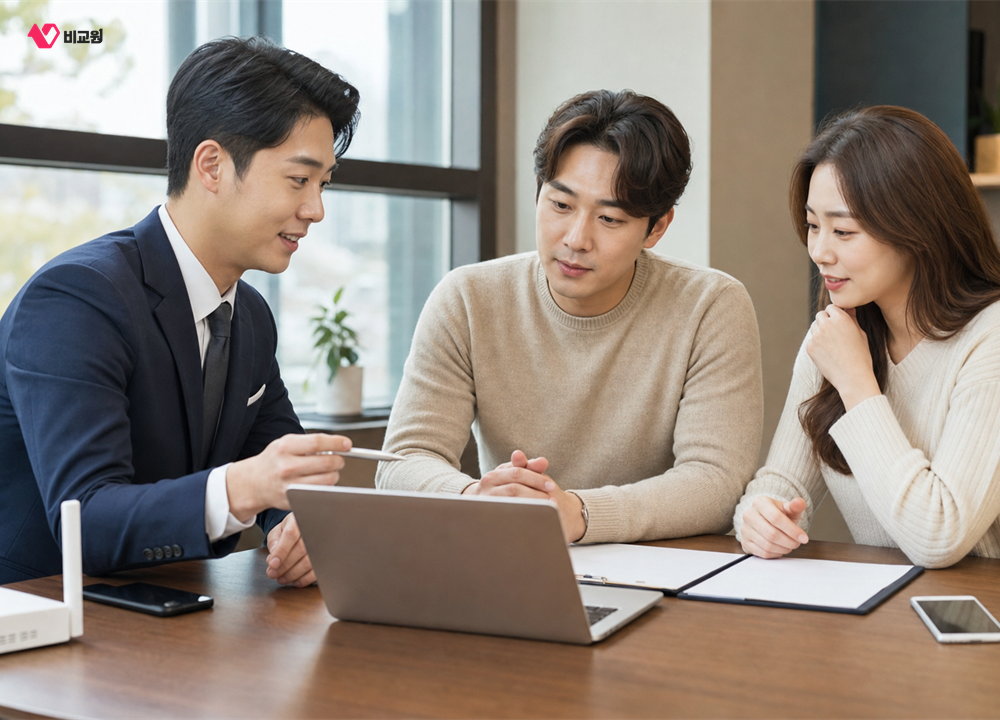 인터넷 신규가입과 재약정 조건을 상담받는 부부
