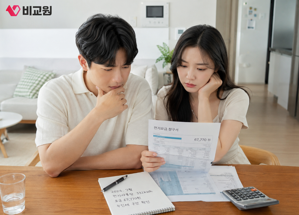 전기요금 청구서를 보고 고민에 빠진 신혼부부 모습