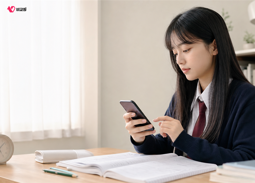 책상에서 휴대폰 알림을 정리하고 공부를 준비하는 수험생