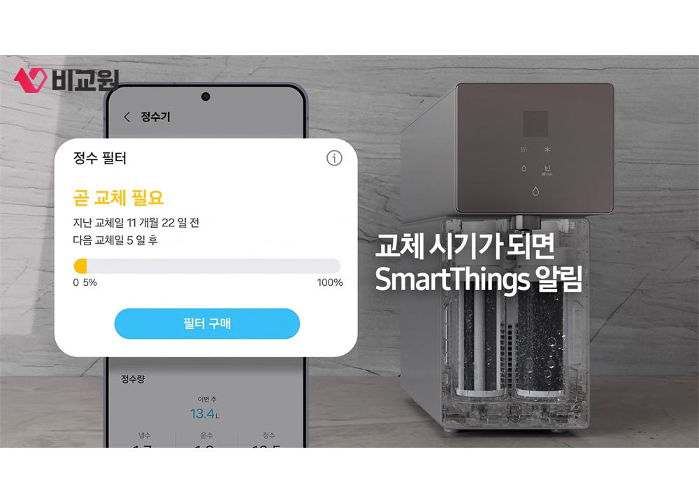 필터 교체 시기를 알리는 스마트싱스 화면과 정수기 필터
