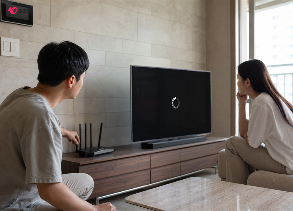 OTT 4K 시청 중 와이파이 공유기와 버퍼링 상태를 점검하는 부부
