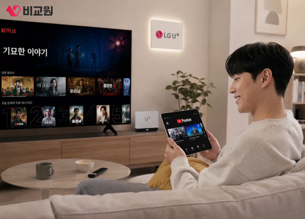 LG 유플러스 유독 서비스를 통해 넷플릭스 유튜브 프리미엄 이용하는 사용자 이미지