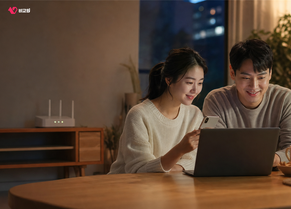 네트워크 복구 후 노트북과 휴대폰의 인터넷 연결을 확인하는 가족