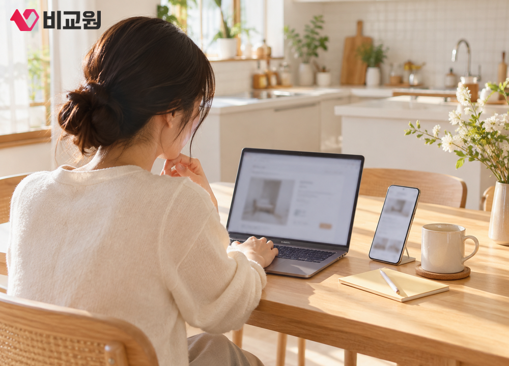 식탁에 노트북과 휴대폰을 나란히 두고 와이파이 지원 여부를 확인하는 모습