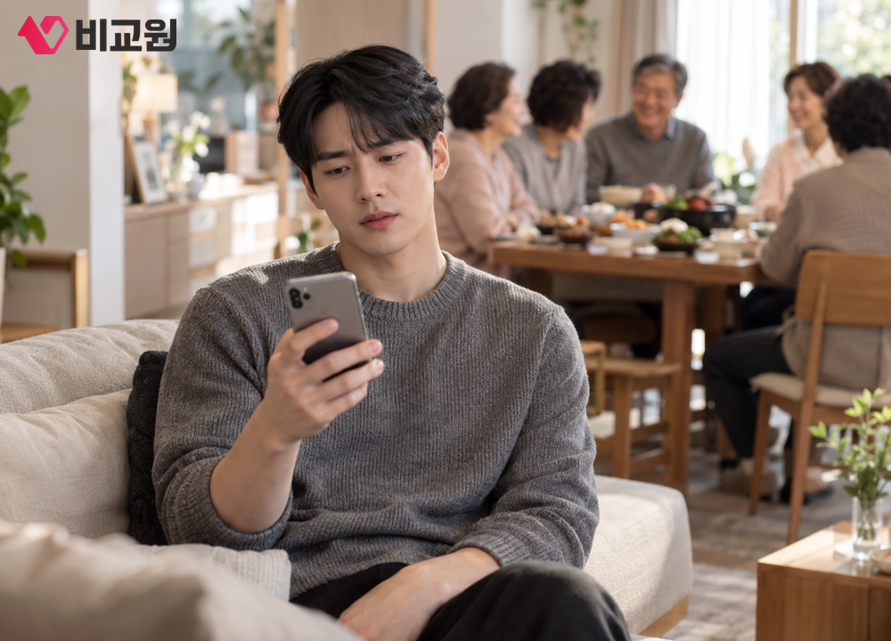 명절 고향집 거실에서 휴대폰으로 인터넷 상태를 확인하는 모습