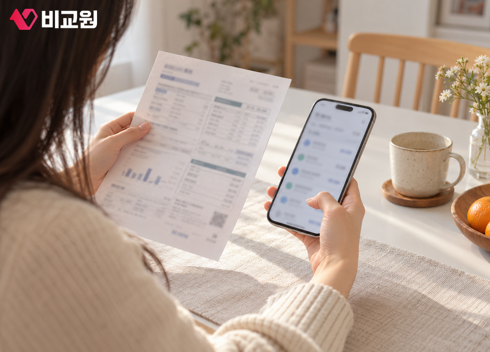 식탁에서 휴대폰 요금 명세서와 구독료 내역을 함께 비교하는 모습