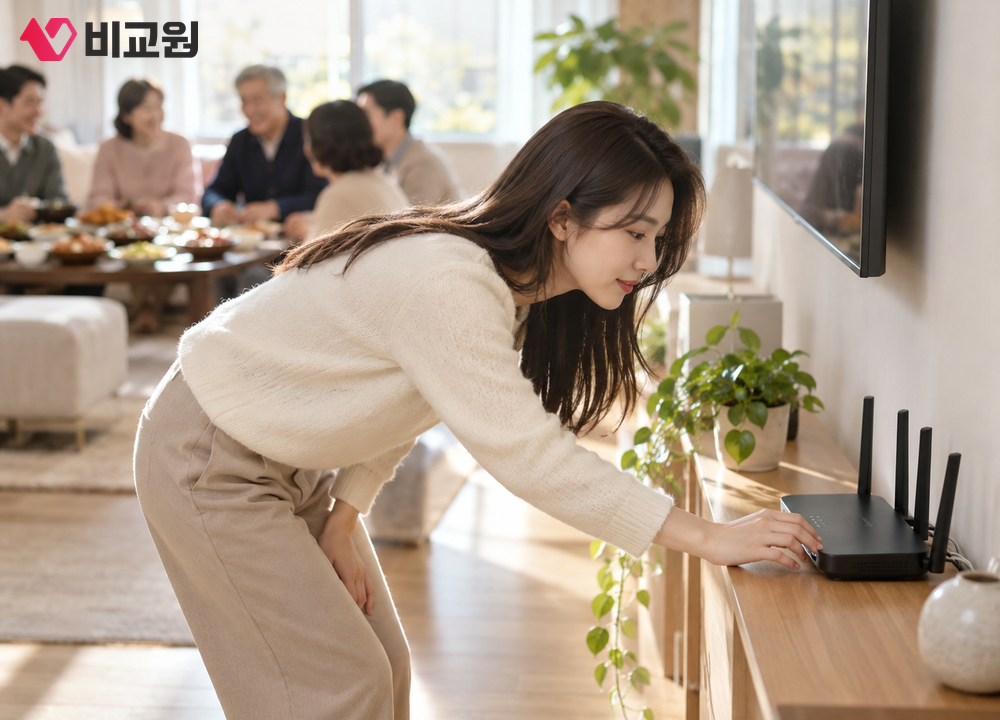 연휴에 인터넷이 끊겨 거실 공유기를 확인하는 모습