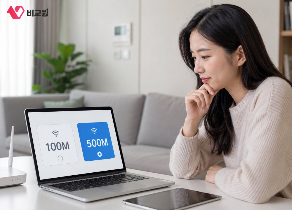 100메가, 500메가 중에 인터넷 속도 고민하는 모습