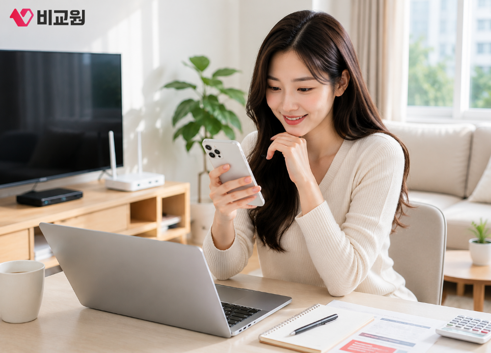 인터넷가입 혜택과 가입 조건을 스마트폰으로 확인하는 모습