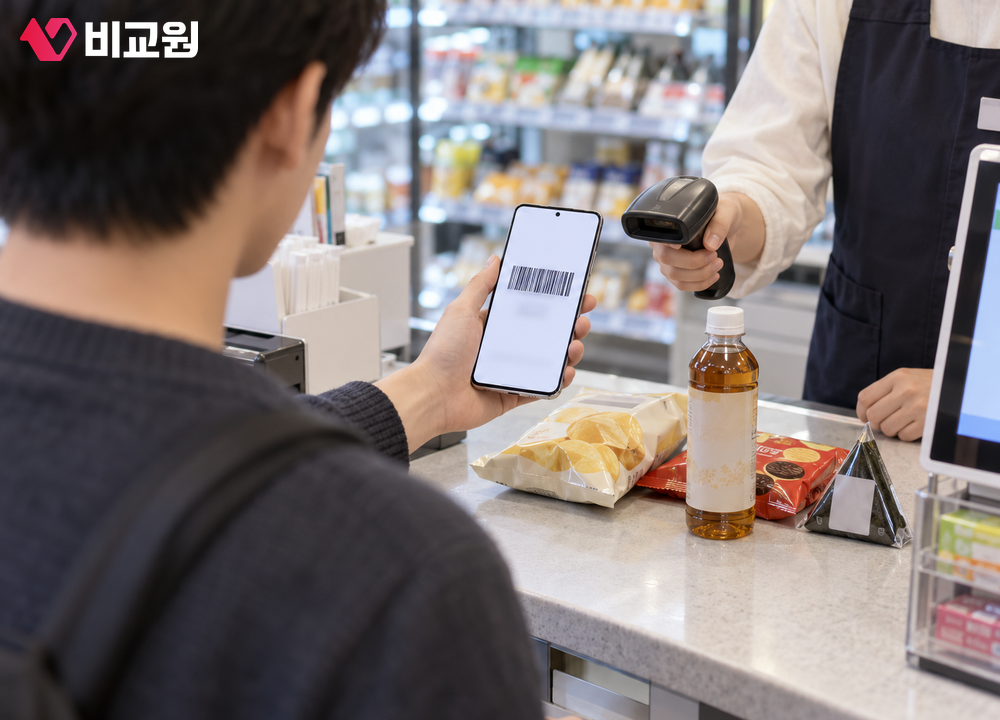 편의점 계산대에서 스마트폰 멤버십 바코드로 제휴 할인을 받는 모습