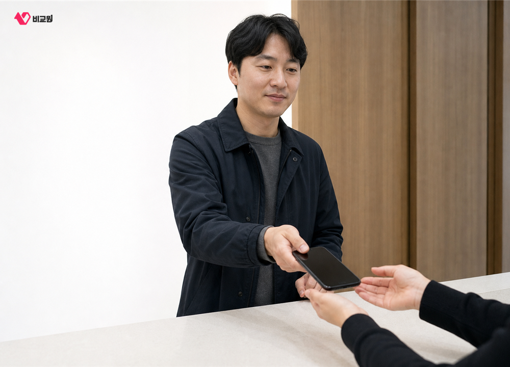 창구에서 스마트폰을 건네며 처리를 맡기는 모습