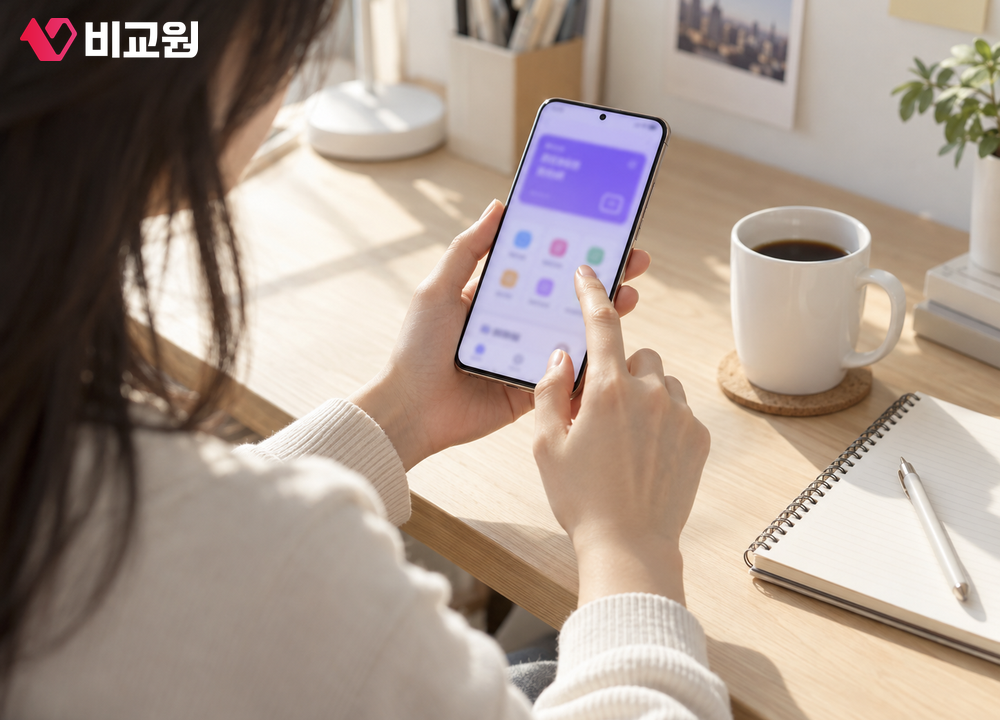 휴대폰으로 통신사 앱을 열어 멤버십 메뉴로 들어가는 모습
