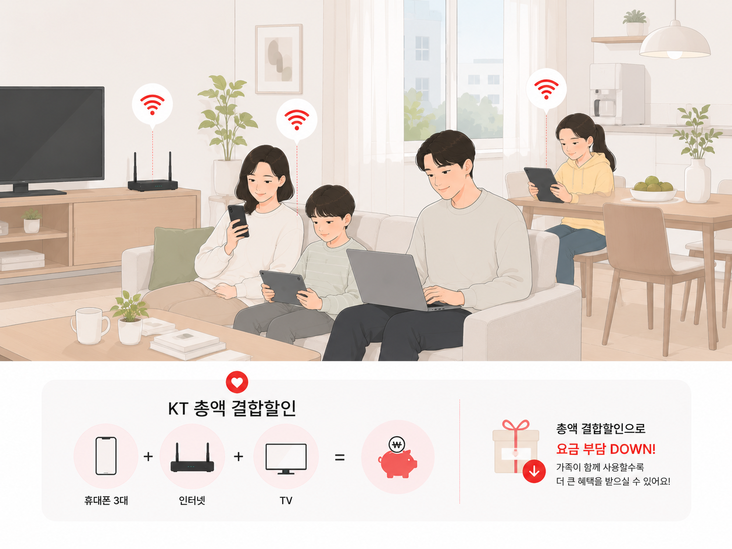 KT총액결합할인 상품 이용하는 4인 가족