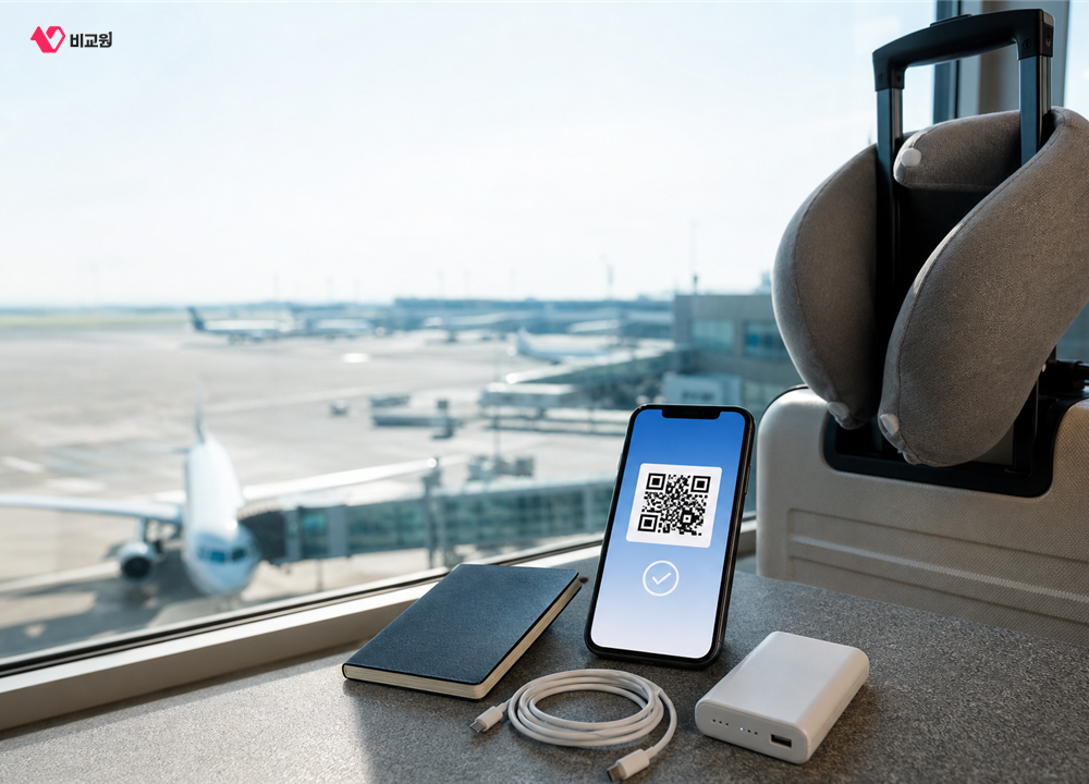 출국 전 여행용 eSIM QR과 여권 보조배터리 충전선을 점검하는 모습