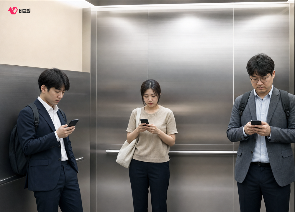 엘리베이터 안에서 각자 스마트폰을 보는 사람들