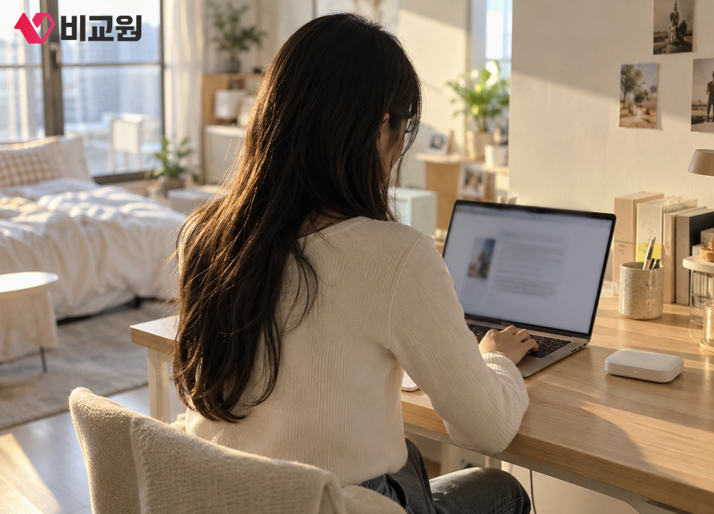 원룸 책상에서 노트북으로 작업하는 20대 여성 옆에 놓인 휴대용 와이파이 기기