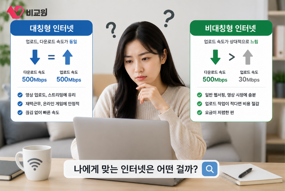 대칭형인터넷, 비대칭형 인터넷 비교 설명 이미지