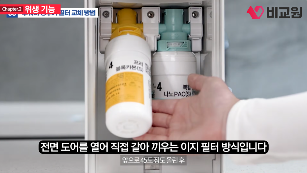 정수기 전면 도어를 열고 프리블록 카본 필터와 나노팩 필터를 교체하는 장면