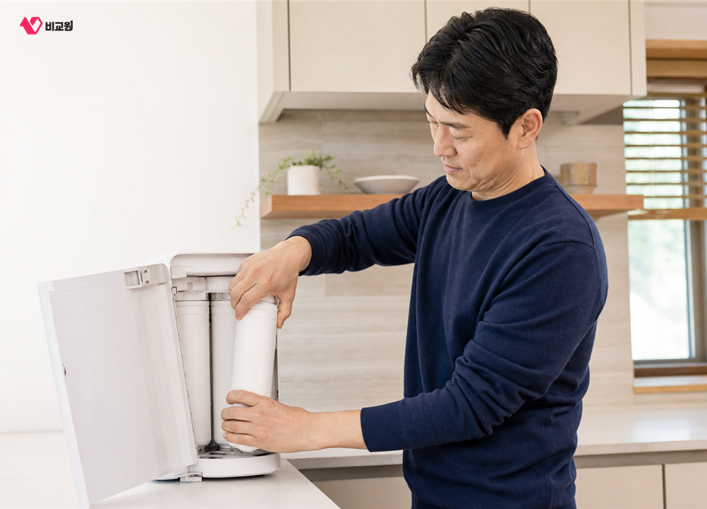 정수기 앞면을 열고 필터를 돌려 분리하는 모습