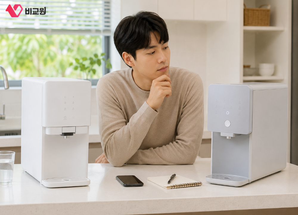 정수기 렌탈 모델 교체를 고민하고 있는 모습