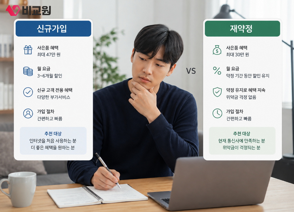 인터넷 신규가입 및 재약정 혜택 고민하는 모습